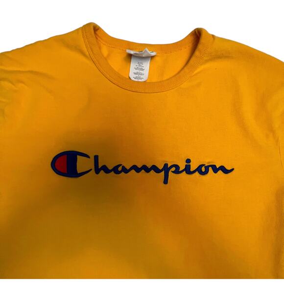 Vintage Champion Yellow 90s Spell Out Script Shirt Embroidered Logo - Picture 3 of 7